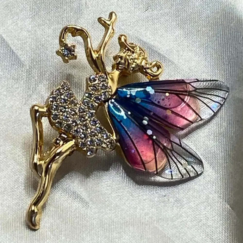 Gold Tone Fairy Brooch Rhinestone Ballerina Iridescent Blue Pink Wings Fairycore